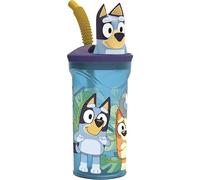 Safta | Vaso Infantil Bluey con Figurita 3D y Cañita Flexible, Vaso Reutilizable para Agua y Zumo, Tapa Antiderrames, Diseño Azul con Personajes, Accesorio Escolar y Merienda, Medidas 9x6x23 cm