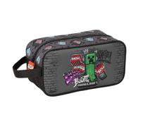 SAFTA | Zapatillero Escolar Minecraft Graffiti, Organizador para Zapatillas y Deporte con Asa Lateral, Cremallera Doble, 29x15x14 cm, Diseño Gris Tipo Ladrillo con Creeper y TNT, Medidas 29x14x15 cm