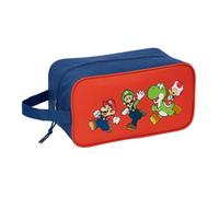 SAFTA | Zapatillero Mediano Super Mario Mamma MIA, Organizador Escolar Infantil, Cremallera Superior y Asa de Mano Lateral, Diseño Azul y Rojo con Personajes, Medidas 29x14x15 cm