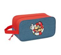 SAFTA | Zapatillero Mediano Super Mario, Organizador Escolar Infantil para Zapatillas y Deporte, Compartimento con Cremallera, Asa de Mano Lateral, Azul y Rojo, Licencia Oficial, Medidas 29x14x15 cm