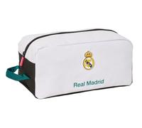 SAFTA | Zapatillero Real Madrid Equipación 26/27, Bolsa Porta Zapatillas Escolar con Asa Lateral, Compartimento con Cremallera, Diseño Blanco y Negro con Escudo, Licencia Oficial, Medidas 34x18x15 cm