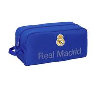 SAFTA | Zapatillero Real Madrid, Organizador Escolar con Asa Lateral, Compartimento con Cremallera, Color Azul con Escudo, Accesorio Vuelta al Cole Infantil y Juvenil, Resistente, Medidas 34x18x15 cm