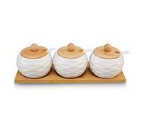 SagaSave Frascos de Especias de cerámica Establecer contenedores de Almacenamiento de Especias con Tapas y una Caja de Especias con Herramientas de Cocina con Estante de Especias de Madera