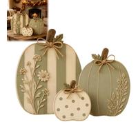 Sage & Cream Raised Wildflower Solid Wood Pumpkin Trio, Rustic Wooden Pumpkins and Home Table Decorations Kits, Autumn Farmhouse Tiered Tray Decor