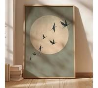Sage Green Japandi Art Canvas Painting Abstract Sun and Flying Birds Wall Art for Living Room and Bedroom Home Decor(30x45cm/Frameless)