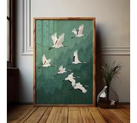 Sage Green Japandi Art Canvas Painting Abstract Sun and Flying Birds Wall Art for Living Room and Bedroom Home Decor(50x70cm/Frameless)
