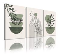 Sage Green Wall Posters & Prints Green Boho Wall Art Set of 3 Minimalist Framed Wall Art Geometric Line Leaf Sun Moon Beige Green Canvas A