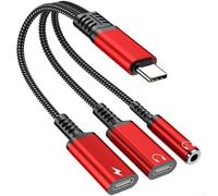 SageFurned Adaptador USB-C 3 en 1 para carga y soporte de audio, entrega de energía de 60 W con puerto AUX y conector para auriculares compatible con teléfonos tipo C, tabletas, gris (rojo)