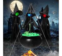 SageFurned Caldero de bruja grande para Halloween exterior con luces verdes globos oculares - Construcción de hierro estable para patio y jardín