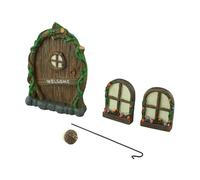 SageFurned Juego de puertas y ventanas luminosas de resina para casa de elfos, decoración de hadas de jardín de 4 piezas con linterna, accesorios de bricolaje resistentes a la intemperie para jardín