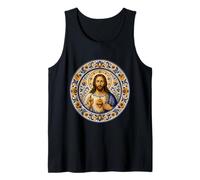 Sagrado Jesús Corazón Azul Floral Iglesia Placa Icono Arte Fe Camiseta sin Mangas