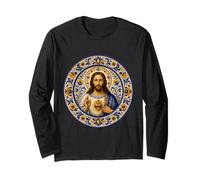 Sagrado Jesús Corazón Azul Floral Iglesia Placa Icono Arte Fe Manga Larga