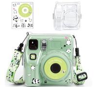 Sagreeny Funda protectora transparente compatible con cámara instantánea Fujifilm Instax Mini SE, bonita funda rígida con bolsillo de almacenamiento de fotos, calcomanías de dibujos animados, correa