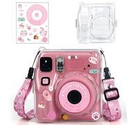 Sagreeny Funda protectora transparente compatible con cámara instantánea Fujifilm Instax Mini SE, bonita funda rígida con bolsillo de almacenamiento de fotos, calcomanías de dibujos animados, correa
