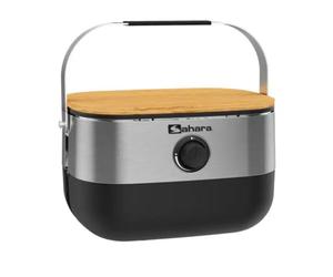Sahara - Barbacoa de gas portátil compacta de 2,7 kW, hierro fundido, mini barbacoa de mesa de acero inoxidable, kit tabla de cortar madera para 2/4 personas