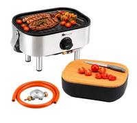 Sahara - Barbacoa de gas portátil compacta de 2,7 kW, rejilla de hierro fundido, mini barbacoa de mesa, tabla de cortar madera de 2 a 4 personas