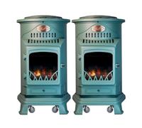 Sahara - Juego de 2 estufas de gas (3,4 KW, hierro fundido, calefacción de gas, efecto fuego de madera sobre ruedas, color verde