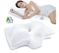 SAHEYER Almohada Cervical y Cuello, 2 en 1 Almohada Ergonómica de Espuma Viscoelástica de Cabeza Cuello Hombro, Almohada Mariposa para Dormir de Lado, Boca Arriba y Boca Abajo, 60x35,5x13/10 cm, Blanc
