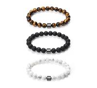 Sahoottie 3-4 piezas pulsera hombre piedra natural pulseras de perlas hombre 8 mm ojo de tigre pulsera negra piedra de lava pulsera de perlas Set pulseras elásticas hombres regalo de cumpleaños para