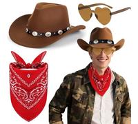Saier tbo 3 piezas de accesorios de sombrero de vaquero occidental, conjunto de accesorios con sombrero de vaquero marrón, gafas de sol en forma de corazón, pañuelos de cachemira para mujer, hombre