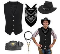 Saier tbo 5 piezas de vaquero traje accesorios para hombres, Western Vaquero Fancy Dress Set con sombrero chaleco Bandana Bolo Hebilla cinturón collar para Carnaval Cosplay Fantasía (Negro.M)