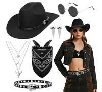 Saier tbo 6 piezas traje de vaquero occidental para mujer, negro, accesorios de vaquera, juego de accesorios con sombrero de vaquero, cinturón de lentejuelas, gafas de sol, collar, pendientes de borla