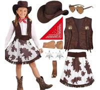 Saier tbo 9 piezas de disfraz de vaquera para niños, accesorios de ropa de vaquero occidental con chaleco, falda sombrero, cachemira, bandana, cinturón, insignia de sheriff, gafas de sol para niñas