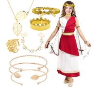 Saier tbo Conjunto de 11 piezas de disfraz de la diosa griega romana antigua, disfraz de Toga blanco y rojo con diadema de laurel dorado, gargantilla y pulsera de lentejuelas para niños y niñas, Día