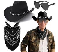 Saier tbo Juego de 3 accesorios de cowboyHut Western Cowboy Outfitzubehör Kit con sombrero negro gafas pañuelo para la cabeza para mujer hombre Halloween carnaval disfraz fiesta