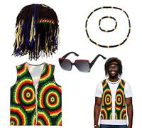 Saier tbo Juego de accesorios para disfraz de rasta, set de traje de reggae de Jamaica con rastas y gorro de peluca, chaleco, gafas de sol, collar, pulsera para hombres y mujeres, carnaval, cosplay
