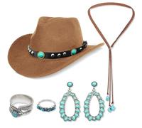 Saier tbo Juego de accesorios para mujer, disfraz hippie boho de los años 70 con sombrero de vaquero, collar bohemio, turquesa, pendientes, anillos para adultos, cosplay, carnaval, marrón, Talla única