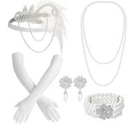 Saier tbo Set de 6 accesorios de la década de 1920, juego de accesorios para disfraz del Gran Gatsby, juego de accesorios con diadema con cuentas, guantes blancos para mujer, para carnaval, Halloween