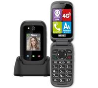 SAIET Prime GPS móvil para personas mayores 4G con botón SOS, localización GPS, doble pantalla y audio mejorado, con base de carga y linterna LED - Fácil de usar, seguro y fiable - Negro