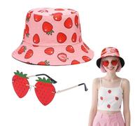 SAIIURV 2 Piezas Gorro Pescador Reversibles Sombreros Cubo, Sombrero de Pescador+Gafas de Sol de Fresa sin Montura, Sombrero de Verano para el Aire Libre, Disfraz de Fresa para Carnaval (Rosa) (Rosa)