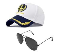 SAIIURV 2 Piezas Sombrero de Capitán, Ajustable Gorra de Marinero para Adultos, Sombrero de Capitán de Yate Gafas de Sol, Accesorios de Disfraz de Marinero para Fiesta de Disfraces Cosplay (Blanco)
