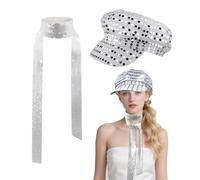 SAIIURV 2 Piezas Sombrero de Lentejuelas Accesorios Discoteca Disfraz Años 70 Disco Mujeres, Bufanda Brillante Corbata, Vestido de Discoteca para Carnaval Fiestas Rave, Jazz y Baile Boda (Plata)