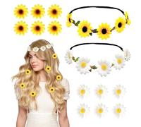 SAIIURV 2Pcs Diadema de Flores Corona de Girasol y 12Pcs Pinzas para el Cabello de Margarita, Flor Hippie Diademas Garras de Flores para Mujeres y Niñas, Boho Hawaiano Pinza de Pelo para Festivales