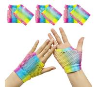 SAIIURV 3 Pares Arco Iris Dedos de Rejilla Sin Dedos para Mujeres Niñas, Cortos Guantes de Neón de Discoteca años 80 Guantes de Malla Disfraces Accesorios de Fiesta para Carnaval Festivales Cosplay