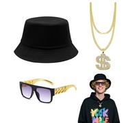 SAIIURV 3 Piezas Disfraces Hip Hop Kit, Disfraces Hippies, Collar con Signo de Dólar + Gafas de sol Doradas + Gorra de Hip Hop para Fiesta de Carnaval Temática de Los Años 80 90 Halloween (Negro, Oro)
