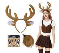 SAIIURV 3 Piezas Disfraz de Reno Adulto Niños, Diadema Cuernos de Reno, cuernos de reno navideños Orejas de Ciervo y Cola, Disfraz de Ciervo para Fiesta Navidad Carnaval (3 Piezas)