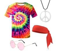 SAIIURV 4 Piezas Conjunto Disfraz Hippie Años 60 y 70, Hippie Costume Set con Camiseta Collar Gafas de Sol Diadema, Disfraces para Fiesta de Carnaval Temática de Los Años 70 Halloween (Multicolor)
