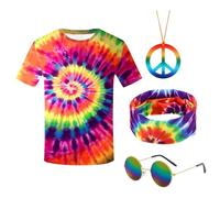 SAIIURV 4 Piezas Conjunto Disfraz Hippie Años 60 y 70 Hippie Costume Set con Camiseta Collar Gafas de Sol Diadema, Disfraces para Fiesta de Carnaval Temática de Los Años 70 Halloween (Multicolor)