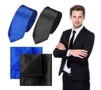 SAIIURV 4 Piezas de los Hombres de Corbata Pañuelos de Bolsillo, Negro y Azul de Satén Corbata y Bolsillo Cuadrado de Pañuelo para la Boda Uniformes de la Escuela de Graduación (Negro + Azul)