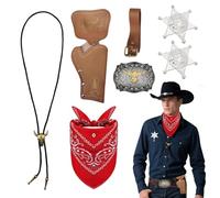 SAIIURV 7 Piezas Juego de Accesorios para Disfraz de Vaquero Occidental con Bandana, Cinturón, Hebilla de Bolo, Corbata, Collar, Insignia de Sheriff, Cowboy Outfit Kit for Hippie Disco Party (Marrón)