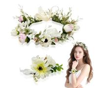 SAIIURV Diadema de Corona de Flor Clips de Pelo de Flor y Pulsera de Flor, Diadema Boda Guirnalda Flores, Ajustable Corona de Flores para la Cabeza, para Fiesta Playa Travle Nupcial