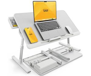 SAIJI Mesa para Ordenador portátil de Cama, Mesa Ajustable, Bandeja de Almacenamiento, Patas Plegables de Trineo y Tablero de Piel PVC (Blanco)
