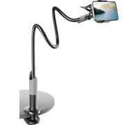 SAIJI Soporte de teléfono móvil para cama, cuello de cisne, soporte para teléfono móvil, 360 grados, brazo largo, para iPhone 17, 16, 15, 14, 13, 12 Pro, pantalla de 4 a 7 pulgadas (negro)