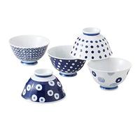 Saikai Pottery Hasami-yaki - Juego de 5 cuencos de porcelana japonesa para arroz, hechos en Japón, diseño de puntos índigo