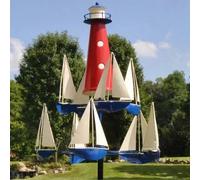 Sailboat Windmills Metal Wind Sculpture Bright Colors Garden Decor Kinetic Yard Ornament Lighthouse