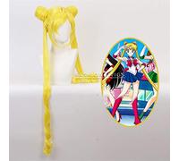 Sailor Moon Tsukino Usagi Cosplay peluca doble cola de caballo rubia larga amarillo limón pelo sintético para fiesta de disfraces de Halloween